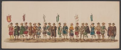 1862年のデルフトパレード、第5グループ デルフトのロイヤル アカデミーの第 4 ラストラム - Ao。 1862年 - 衣装を着たオプトグト (オブジェクトのシリーズタイトル) 作： Willem Bernardus IJzerdraat