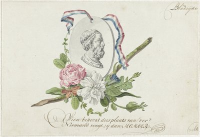 花、肖像メダリオン、リボンのビネット 作： Willem Bilderdijk