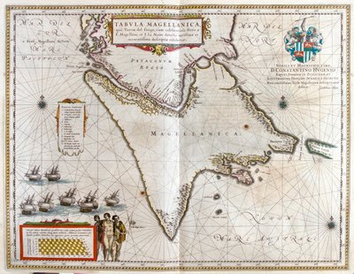アルゼンチン、チリ、マゼラン海峡、フエゴの地（アムステルダム、ウィレム・ブラウ著『Theatrum Orbis Terrarum, sive Atlas Novus』所収 作： Willem Blaeu