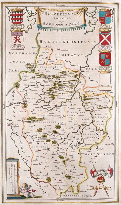 アムステルダム、ウィレム・ブラウ著『Theatrum Orbis Terrarum, sive Atlas Novus』所収のベッドフォード・シャイア。 作： Willem Blaeu