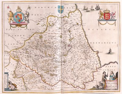 アムステルダム、ウィレム・ブラウ著『Theatrum Orbis Terrarum, sive Atlas Novus』所収のダラムのビショップライク。 作： Willem Blaeu