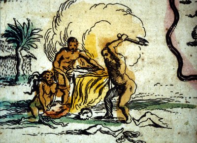 ブラジル。斧を持った男が描かれた人食い人種。W.Blaeuのアトラスの地図の詳細 作： Willem Blaeu