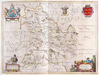 アムステルダム、ウィレム・ブラウ著『Theatrum Orbis Terrarum, sive Atlas Novus』所収のウェールズ、ブレクノーク。 作： Willem Blaeu