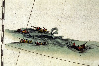 ブルトン人漁師がハンドハープーンでクジラを狩る。1665年にアムステルダムで印刷されたWilliam Blaeuのアトラスからのディテール 作： Willem Blaeu