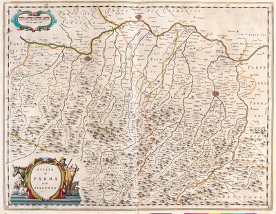 アムステルダムのウィレム・ブラウ作「Theatrum Orbis Terrarum, sive Atlas Novus」に描かれたイタリアのパルマ市とピアチェンツァ市。 作： Willem Blaeu