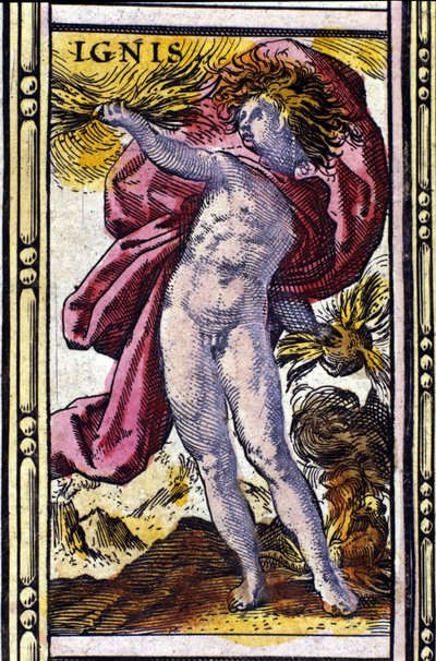 1655年にアムステルダムで印刷されたW.Blaeuのアトラスに描かれている四元素のうちの一つ、火。 作： Willem Blaeu