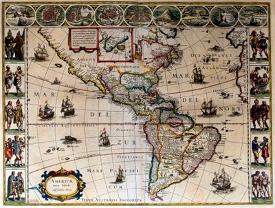 アメリカの地理地図。Willem Janszoon Blaeu（1571-1638）が制作した「Le theatre du monde ou le nouvel atlas Amsterdam」では 作： Willem Blaeu