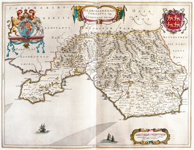 アムステルダム、ウィレム・ブラウ著『Theatrum Orbis Terrarum, sive Atlas Novus』所収のグラモーガン州。 作： Willem Blaeu