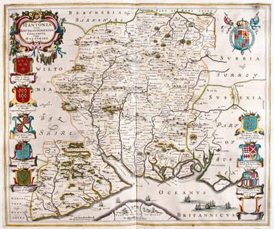 アムステルダム、ウィレム・ブラウ著『Theatrum Orbis Terrarum, sive Atlas Novus』所収のハンプシャーとサザンプトン。 作： ウィレム・ブルー