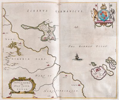 ウィレム・ブラウ作「Theatrum Orbis Terrarum, sive Atlas Novus」所収の聖島とリンディスファーン（アムステルダム 作： ウィレム・ブルー
