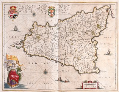 アムステルダム、ウィレム・ブラウ作「Theatrum Orbis Terrarum, sive Atlas Novus」に描かれたイタリアのシチリア島 作： Willem Blaeu