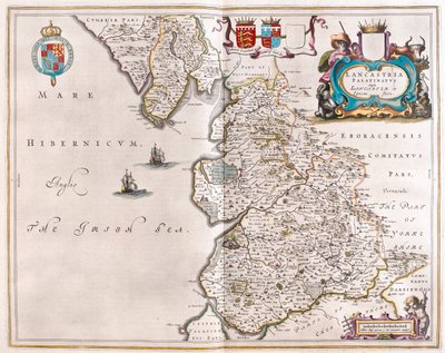 ランカスターとランカストシャー（アムステルダム、ウィレム・ブラウ著『Theatrum Orbis Terrarum, sive Atlas Novus』所収 作： Willem Blaeu