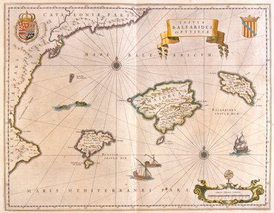 カタルーニャとバレンシアの海岸を含むマヨルカ島、ミノルカ島、イビサ島（アムステルダム、ウィレム・ブラウ著『Theatrum Orbis Terrarum, sive Atlas Novus』所収 作： Willem Blaeu