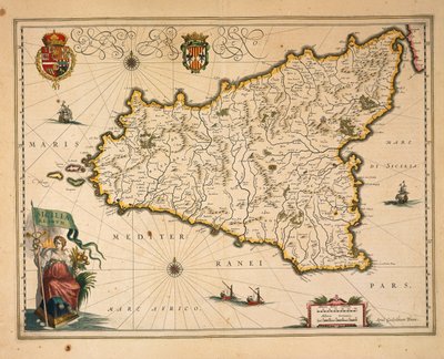 ウィレム・ブラウによるシチリアの地図、『Regionum Italiae』より、エングレーヴィング 作： Willem Blaeu