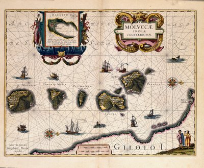インドネシアの東にあるモルッカ諸島の地図。(エングレーヴィング 作： Willem Blaeu