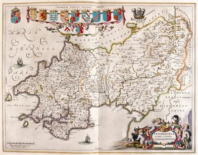 ペンブルックシャーとカーマーテンシャー（アムステルダム、ウィレム・ブラウ著『Theatrum Orbis Terrarum, sive Atlas Novus』所収 作： Willem Blaeu