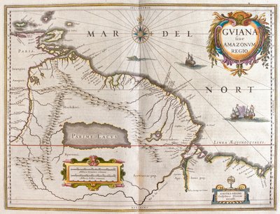 アムステルダム、ウィレム・ブラウ作「Theatrum Orbis Terrarum, sive Atlas Novus」所収、ブラジル北東部、ベネズエラ、アマゾナス川、オリノコ川 作： Willem Blaeu