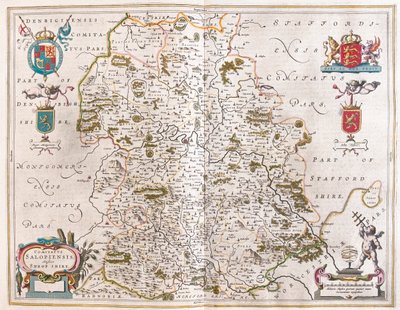アムステルダム、ウィレム・ブラウ著『Theatrum Orbis Terrarum, sive Atlas Novus』所収のシュロップシャー。 作： Willem Blaeu