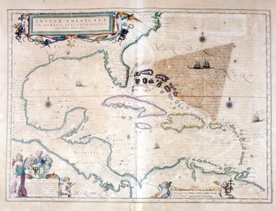 カリブ海：バミューダ群島、マイアミ、プエルトリコの間にバミューダ・トライアングルが見えます。Wilhelm BlaeuのAtlasによると 作： Willem Blaeu