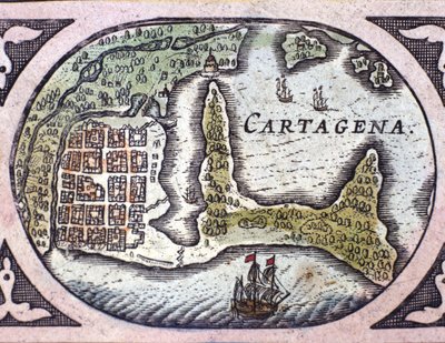 コロンビア（南アメリカ）のカルタヘナの風景。Willem Janszoon Blaeu（1571-1638）のアトラス「Le Theatre du Monde」の地図の詳細。 作： Willem Blaeu