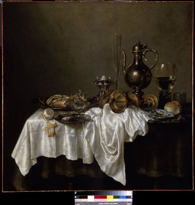 ロブスターで朝食。 （ロブスターと一緒に朝食）。 静物。 ウィレム クラース ヘダ (1594-1680) の絵画 作： Willem Claesz. Heda
