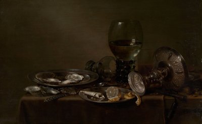 オイスター、シルバータッツァ、グラスウェアのある静物、1635年。 作： Willem Claesz. Heda