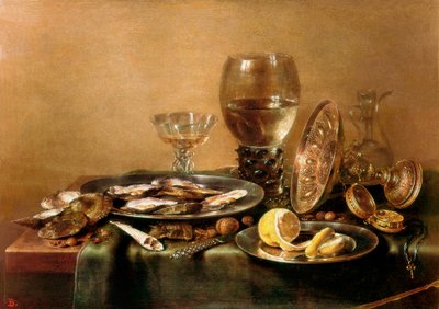 牡蠣、レモン、ガラス、金の食器で構成された静物画 作： Willem Claesz. Heda