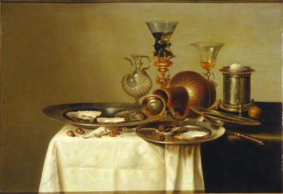 1637年、金箔のスタンド、陶器、カキに置かれたレーマーのある静物。 作： Willem Claesz. Heda