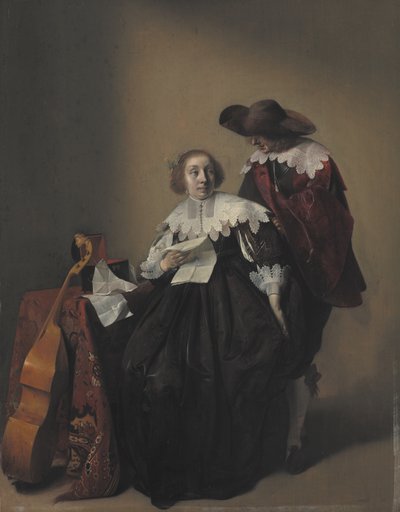 手紙を持って座っている女性、そばに立つ紳士 作： Willem Cornelisz Duyster