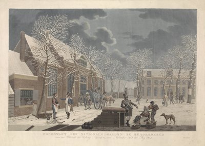 ナールデンの包囲中に兵士が民間人と話している雪景色 1813 年 11 月から 1814 年 5 月まで、Naarden 要塞のブロケードの前にあるマイヤーベルグの国立庭園のメイン ガード (オブジェクトのタイトル) 作： Willem Hendrik Hoogkamer (attributed to)
