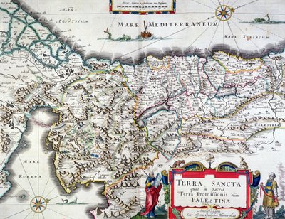 1629年にアムステルダムで公開された聖地の地図（カラー彫刻） 作： Willem Janszoon Blaeu