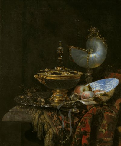ホルベインボウル、ノーチラス、ガラスのカップとフルーツボウルのある壮大な静物 作： Willem Kalf