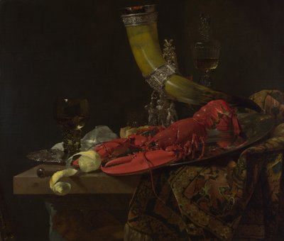 聖セバスチャンアーチャーズギルド、ロブスターとグラスの飲酒ホーンのある静物c。 1653年 作： Willem Kalf
