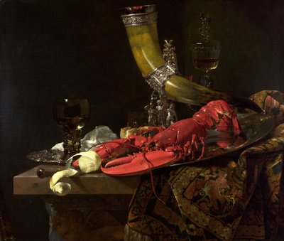飲酒のある静物-聖セバスチャン射手ギルドの角杯、アカザエビとグラス、1653年頃（キャンバスに油彩） 作： Willem Kalf