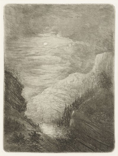 月明かりの下で川と山の風景 作： Willem Matthias Jan van Dielen