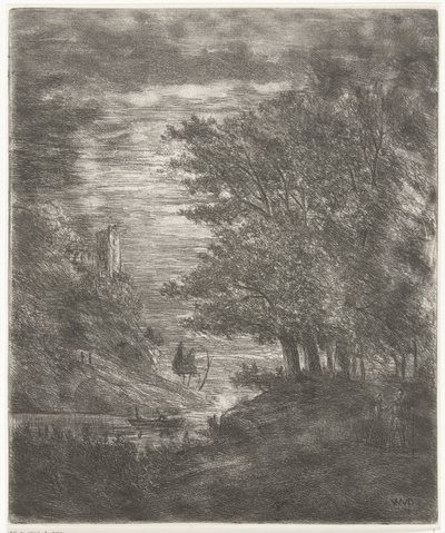 月明かりの下で水上に遺跡とボートがある丘陵の風景 作： Willem Matthias Jan van Dielen