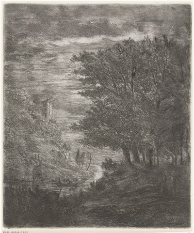 月明かりの下で水上に遺跡とボートがある丘陵の風景 作： Willem Matthias Jan van Dielen