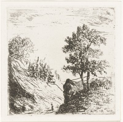 岩の上に 2 本の木がある丘陵の風景 作： Willem Matthias Jan van Dielen