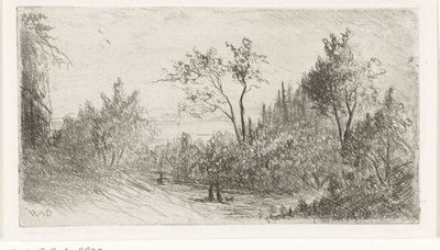 森の端にウォーカーと犬がいる丘陵の風景 作： Willem Matthias Jan van Dielen