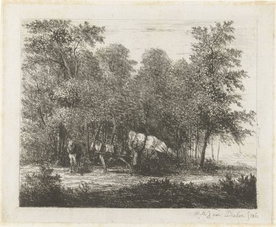 満載の荷車と馬具をつけた馬を持つ男性のいる風景 作： Willem Matthias Jan van Dielen