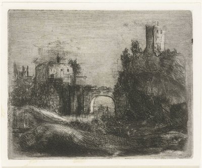 岩の上の門と塔のある南部の風景 作： Willem Matthias Jan van Dielen