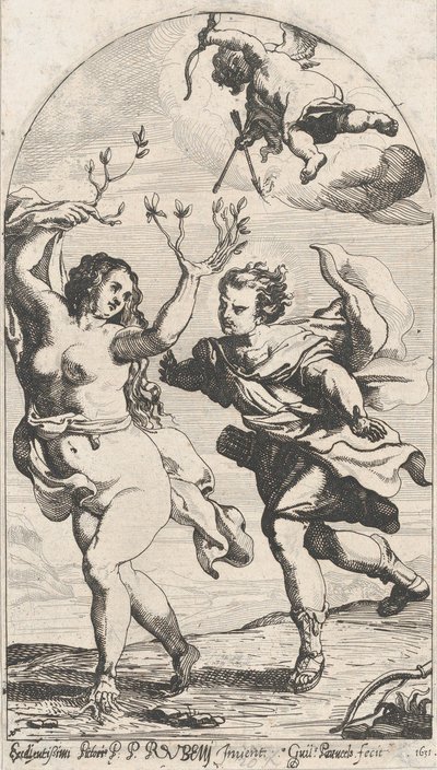 アポロから逃げるダフネと頭上のキューピッド（1631年 作： Willem Panneels