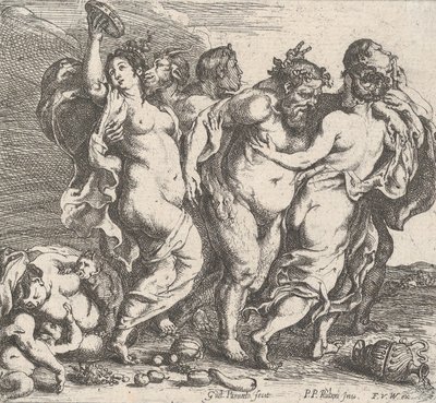 1632年、ニンフとサテュロスを伴った酔ったシレノス。 作： Willem Panneels