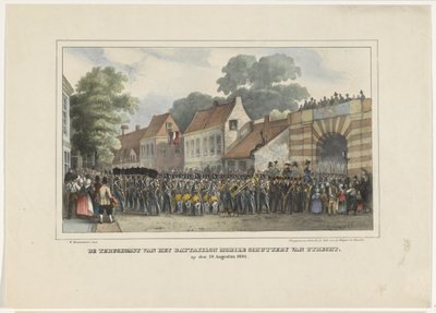 1834 年 8 月 19 日のユトレヒトのバタイヨン モバイル シュタリーの帰還 (オブジェクトのタイトル) 作： Willem Pieter Hoevenaar