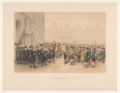 1856年のユトレヒト仮面舞踏会の第3グループ 政府 (オブジェクトのタイトル) 17 世紀中頃、H.H. 6 月 25 日、Utrechtsche Hoogeschool の 220 周年を記念して、Mutua Fides のメンバーである学生たち 作： Willem Pieter Hoevenaar