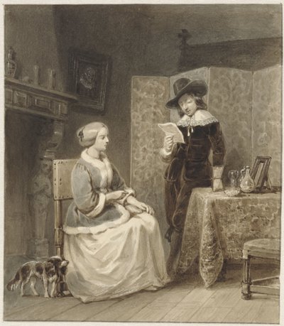 座っている女性と立って本を読んでいる男性がいる歴史的なインテリア 作： Willem Pieter Hoevenaar