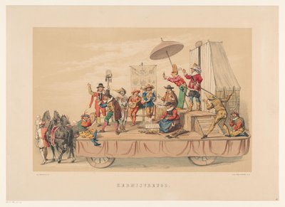 1856年のユトレヒト仮面舞踏会の第6グループ カーニバル ジョイ (オブジェクトのタイトル) 17 世紀中頃、H.H. Mutua Fides のメンバーである学生は、Utrechtsche Hoogeschool の 220 周年を祝います。 作： Willem Pieter Hoevenaar