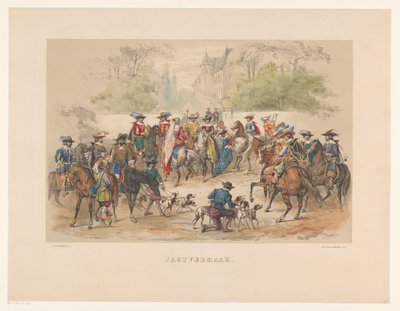 1856 年のユトレヒト仮面舞踏会の第 7 グループ 狩猟の楽しみ (オブジェクトのタイトル) 17 世紀中頃、H.H. Mutua Fides のメンバーである学生は、Utrechtsche Hoogeschool の 220 周年を祝います。 作： Willem Pieter Hoevenaar