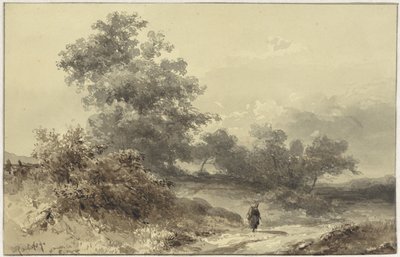 田舎道のボサージュと人影のある風景 作： Willem Roelofs (I)