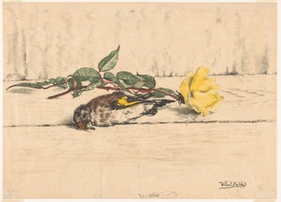 バラの隣に横たわっている死んだゴシキヒワ 作： Willem Roelofs (II) (signed by artist)